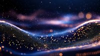 Glowing digital wave of connected dots forming dynamic network pattern against dark starry background with blue and pink light effects and bokeh elements.