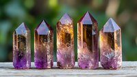 Amethyst crystal points with golden inclusions arranged in row on natural background, displaying vibrant purple to amber gradient and prismatic formations.