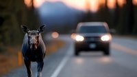 Young bull moose standing on rural highway at dusk with approaching vehicle headlights, creating dangerous wildlife collision risk on mountain road.