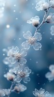 Delicate frost-covered flowers on winter branch with crystalline petals against soft blue background, creating ethereal natural macro photography effect.