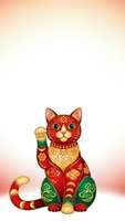 Ornate decorative cat with raised paw in red and gold traditional Asian style patterns on gradient background for luck and prosperity designs.