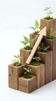 Wooden block planters arranged as stairs with small green plants and ferns growing in each compartment on white background for home decor and gardening projects.