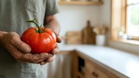 Man holding fresh ripe tomato in kitchen, showcasing organic produce for cooking, healthy eating, farm-to-table lifestyle, and food preparation projects.