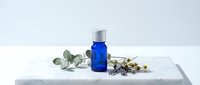 Blue glass essential oil bottle with silver cap surrounded by dried lavender flowers and eucalyptus leaves on white marble surface for aromatherapy and wellness.