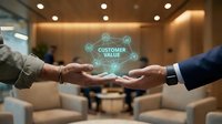 Two business professionals with hands joined together displaying a glowing customer value network hologram in modern office setting. Concept for business partnership, teamwork, and customer relationship management.