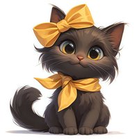 Adorable brown kitten with big eyes wearing yellow bow and scarf on white background, cartoon style illustration for children books and greeting cards.