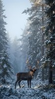 Majestic reindeer with antlers standing in snowy winter forest among snow-covered evergreen trees during golden hour light for wildlife and nature concepts.
