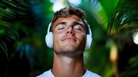 Young Caucasian man with closed eyes wearing white wireless headphones, expressing peaceful relaxation and joy while listening to music against green tropical foliage background.