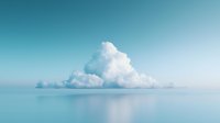 Serene minimalist seascape with majestic cumulus cloud formation reflected in calm ocean waters against turquoise sky, creating peaceful symmetrical composition.