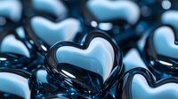 Glossy metallic hearts in cool blue tones create romantic pattern. Multiple reflective heart shapes with smooth surface and highlights form elegant background composition.