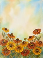 Watercolor autumn flowers border with orange and yellow blooms on textured paper background for seasonal greeting cards and fall decorations.