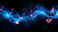 Glowing musical notes floating on magical blue wave against dark background, creating dynamic composition with light effects and energy flow. For music themes.
