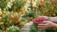 Farmer holding wicker basket filled with fresh ripe red tomatoes in garden, harvesting organic produce for agriculture and food industry use.