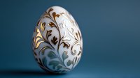 Decorative white Easter egg with elegant gold floral pattern and swirls on dark teal background. Traditional holiday ornament with delicate hand-painted design.