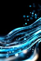 Glowing blue light waves with particles flowing across dark background, representing digital data stream, technology, energy, and modern communication for web design and tech presentations.