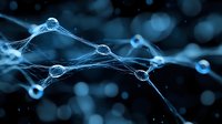 Glowing neural network visualization in deep blue tones showing interconnected nodes and synaptic connections against dark background with bokeh effect.