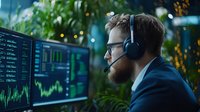 Young Caucasian businessman in suit and headset analyzing financial market data on multiple screens in modern office with bokeh lights and plants in background.