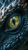 Close-up macro shot of dragon eye with golden yellow iris, detailed dark blue scales and reptilian texture, mysterious fantasy creature gaze in dramatic lighting.
