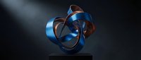 Modern abstract metallic sculpture with flowing blue and copper ribbons on dark background for contemporary art and design projects.