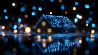 Glowing house decorated with blue Christmas lights reflecting in water against dark night sky with bokeh lights creating magical holiday atmosphere.
