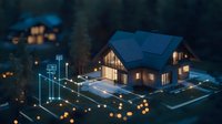 Smart home with glowing network connections and digital infrastructure at night. Modern house featuring automated technology and IoT integration in residential setting.