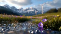 Wind turbines on mountain landscape with purple wildflower in foreground, dramatic clouds and snow-capped peaks at sunset, shallow depth of field creates dreamy atmosphere.