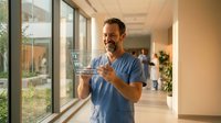 Smiling male healthcare professional in blue scrubs using smartphone in modern hospital corridor with natural lighting and contemporary architecture.