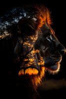 Majestic lion profile silhouetted against dramatic African sunset, mane illuminated by golden light, creating powerful wildlife portrait with dark background.