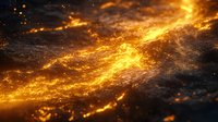 Glowing golden particles and light trails create dramatic cosmic atmosphere against dark background, abstract energy flow with luminous sparks and motion blur effect.