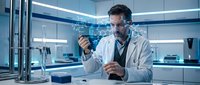Male Caucasian scientist in white lab coat examines sample with pipette in futuristic laboratory with glowing molecular structure hologram.