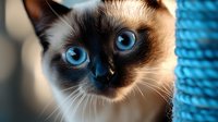 Adorable Siamese kitten with striking blue eyes and dark facial markings sitting indoors, perfect for pet care and animal lover content.