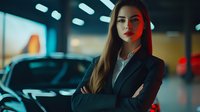 Young businesswoman with long brown hair in dark suit standing with crossed arms in parking garage, illuminated by dramatic red and blue lighting.