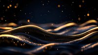 Glowing golden waves with sparkling particles flow against dark background creating magical abstract landscape with bokeh light effects.
