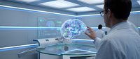 Male scientist analyzing holographic brain model in futuristic medical laboratory with advanced technology interface for neuroscience research and diagnosis.
