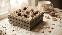 Rustic wooden box filled with assorted chocolate truffles on lace tablecloth, candy hearts and tea cup in soft vintage style.