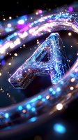 Glowing letter A with circuit pattern design surrounded by luminous swirls and bokeh effects on dark background, featuring neon blue and purple colors.