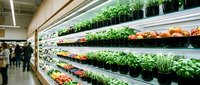 Fresh organic produce section in modern supermarket with green leafy vegetables, herbs and fruits displayed on multi-level shelves for healthy shopping.