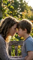 Loving mother and young son sharing tender moment outdoors in golden sunlight with green foliage background for family lifestyle content.