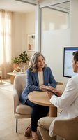 Smiling mature Caucasian woman in blue blazer consulting with male doctor reviewing tablet in bright modern medical office.