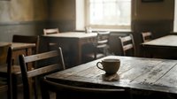 Cozy coffee cup on rustic wooden table in warm cafe interior with natural window light creating peaceful morning atmosphere for relaxation and contemplation.