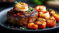 Grilled beef tenderloin steak topped with seared jumbo shrimp, served with roasted cherry tomatoes and fresh herbs on dark plate against black background.