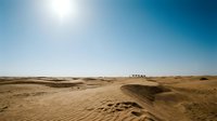 Vast desert landscape with golden sand dunes under bright sunlight and clear blue sky, featuring distant caravan on horizon for travel and adventure themes.