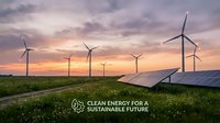 Wind turbines and solar panels in green field at sunset, symbolizing renewable energy and sustainable power generation for environmental conservation.