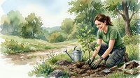 Watercolor young Caucasian woman in green shirt planting a tree outdoors, smiling, with watering can nearby, lush garden background.