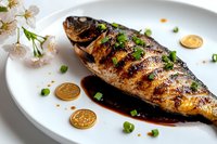 Grilled whole fish with crispy skin garnished with fresh herbs and soy sauce on white plate, decorated with cherry blossoms and golden coins for Asian cuisine presentation.