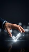 Businessman hand touching glowing checkmark symbol with digital particles and light effects on dark background for approval and success concepts.