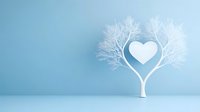 White tree silhouette with heart-shaped crown against light blue background, romantic minimal composition for wedding invitations and valentines designs.