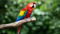 Vibrant scarlet macaw perched on natural wooden branch against blurred green foliage background, displaying classic red, yellow and blue plumage in profile view.