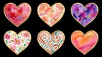 Watercolor hearts with floral and abstract patterns isolated on transparent background. Ready for t-shirt designs, stickers, clipart, sublimation, print-on-demand products, and digital crafts.