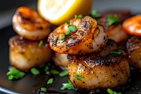 Pan-seared sea scallops with caramelized golden crust garnished with fresh herbs and lemon on dark plate, macro food photography with selective focus.